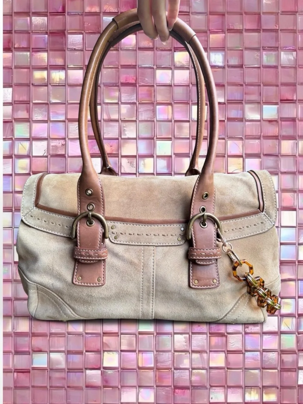 Coach Taupe Suede Shoulder Bag with Tan Leather Trim - Picture 2 of 5